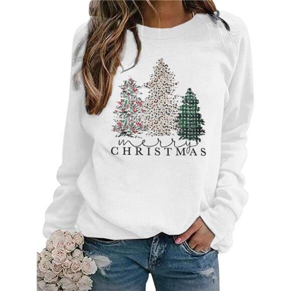 Merry Christmas Sweatshirt for Women - Plaid Holiday Long Sleeve Tree - Picture 1 of 6